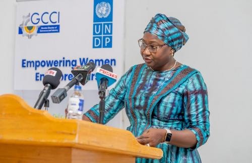 Board of Director Fatou Jallow, speaking at the award ceremony of the GCCI-UNDP women grant